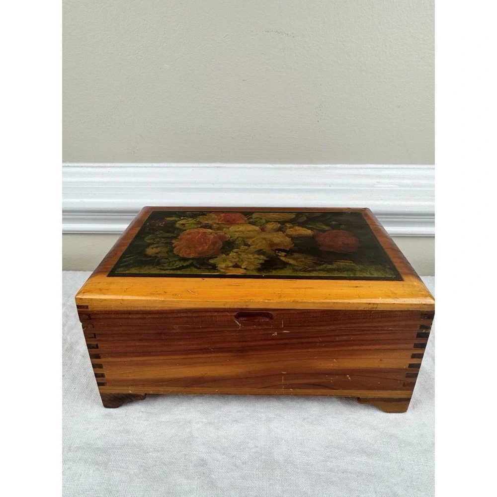 Vintage Cedar Wood Jewelry Box Floral Bird Lithograph Finger Jointed Chest